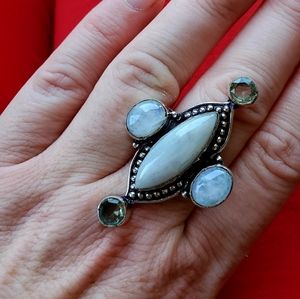 New Rainbow Moonstone & Green Topaz 925 Silver Ring.